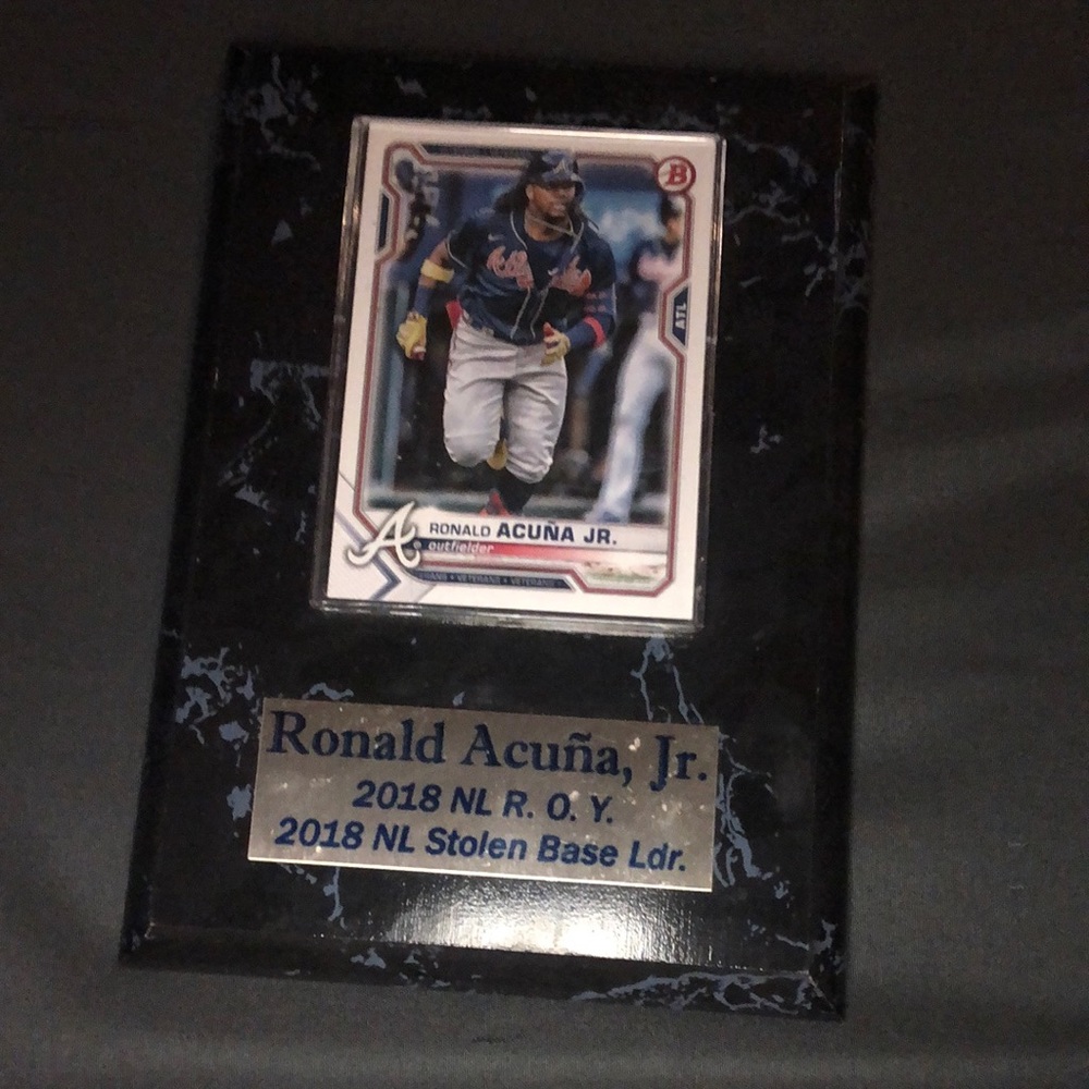 Baseball card Ronald Acuna JR 2018 NL R. O. Y. 2018 NL stolen base Ldr.